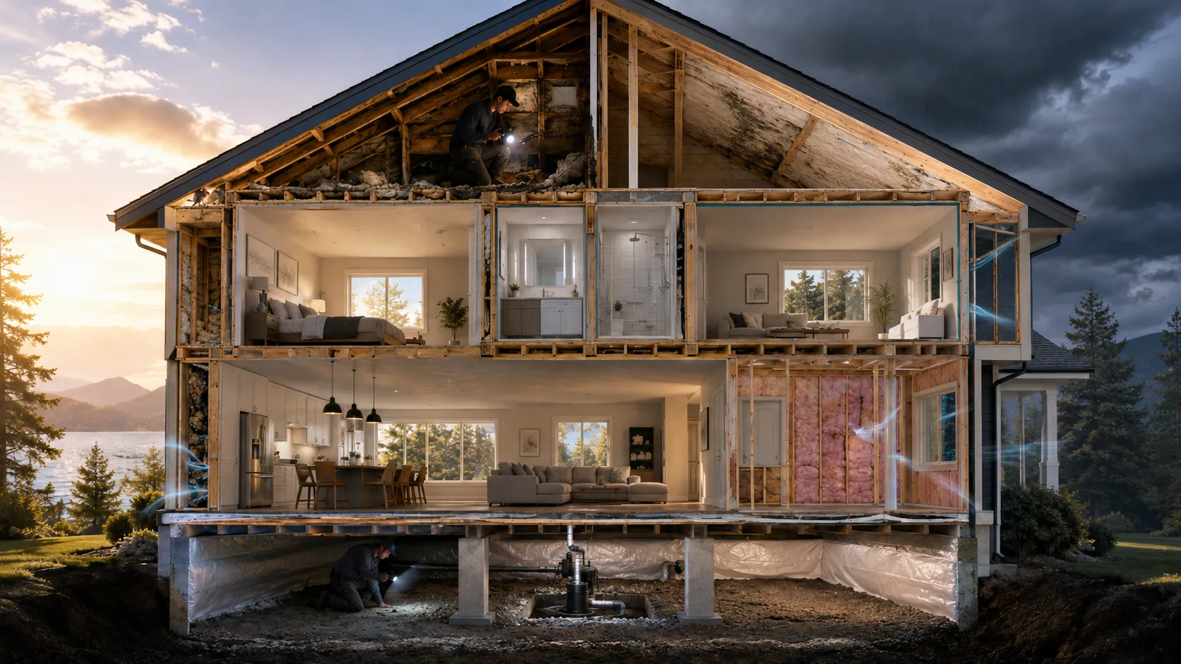 Cutaway view of a Puget Sound home showing attic, wall, and crawl space insulation
