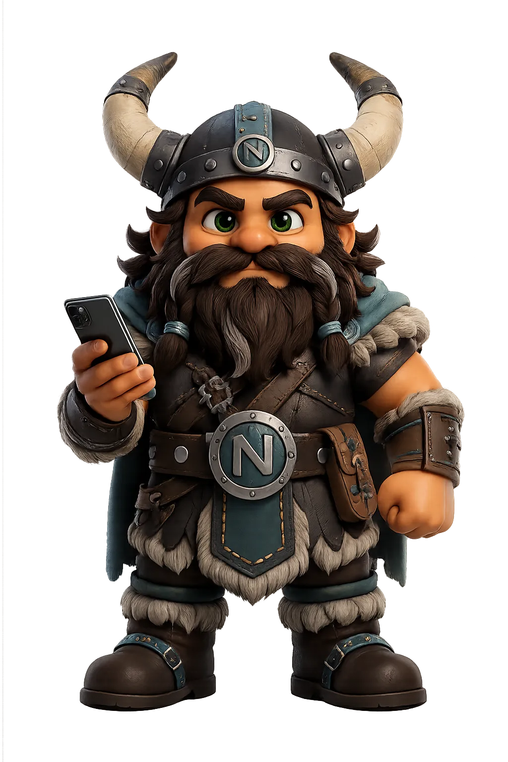 The Nordic Insulation viking mascot, phone in hand